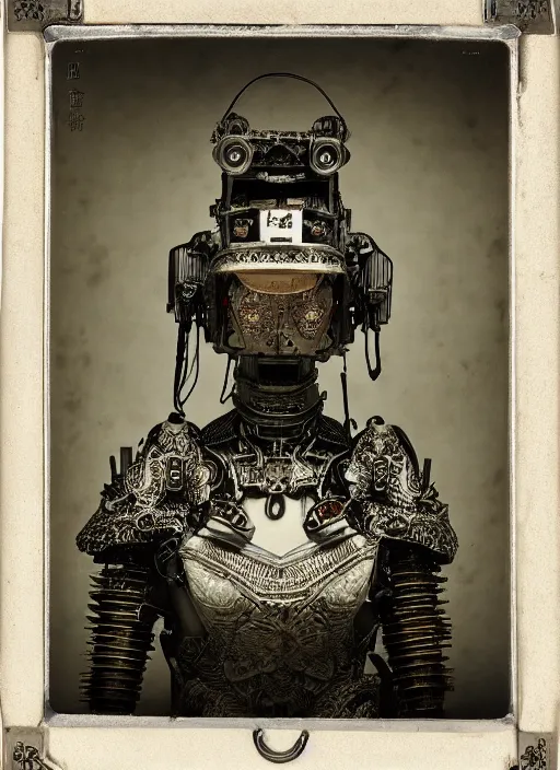 Image similar to old wetplate daguerreotype frame portrait of a futuristic silver armored geisha emperor district 9 cyborg, fractal, intricate, elegant, highly detailed, subsurface scattering, by jheronimus bosch and greg rutkowski and louis jacques mande daguerre