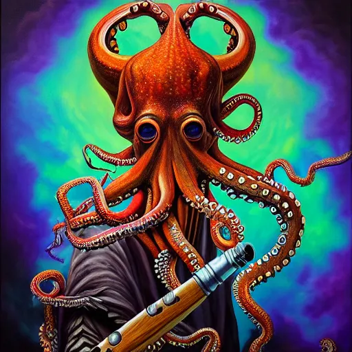 Image similar to an intricate oil painting of a stoic octopus dressed as an ancient warrior smoking a pipe in the style of junji ito and dark fantasy, ornate, psychedelic, rainbow color scheme, detailed, cinematic, diffuse lighting, magic realism, artstationhq, unreal engine 5, volumetric light