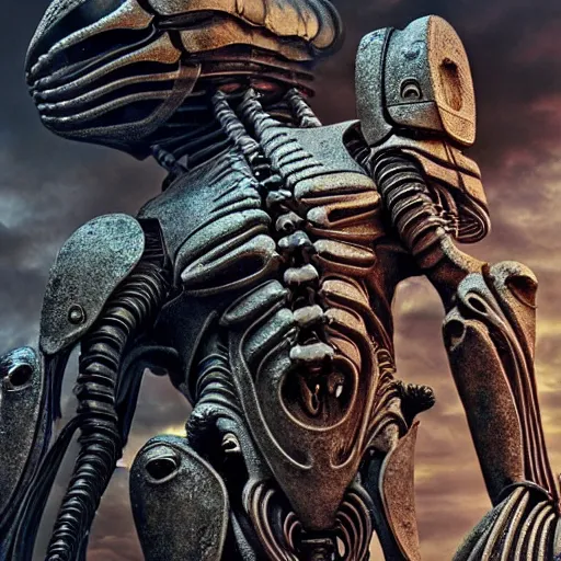 Image similar to still frame from Prometheus movie by giger, necron lord skorpekh editorial by Malczewski, biomechanical armoured knight by Wayne Barlowe, ornate elaborate complex artifact of annihilation