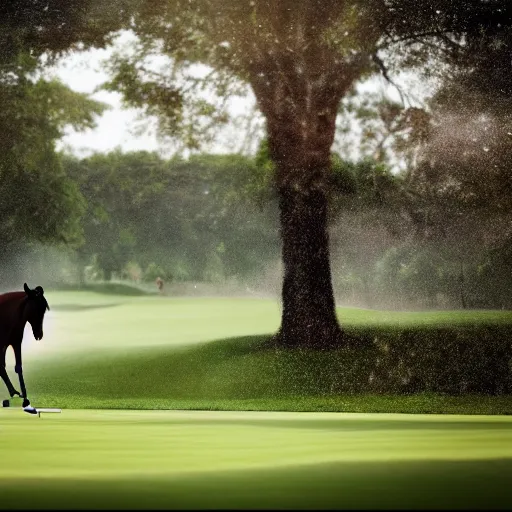 Prompt: realistic photo of a horse that is playing golf alone, with its hands, 4k