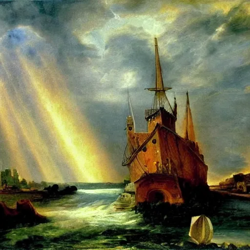 Image similar to oil painting of medieval harbour, storm clouds, sunrays, very very very very very beautiful bright art, american romanticism by goya, medieval castle, burning fires, colorful masterpiece, realistic and detailed