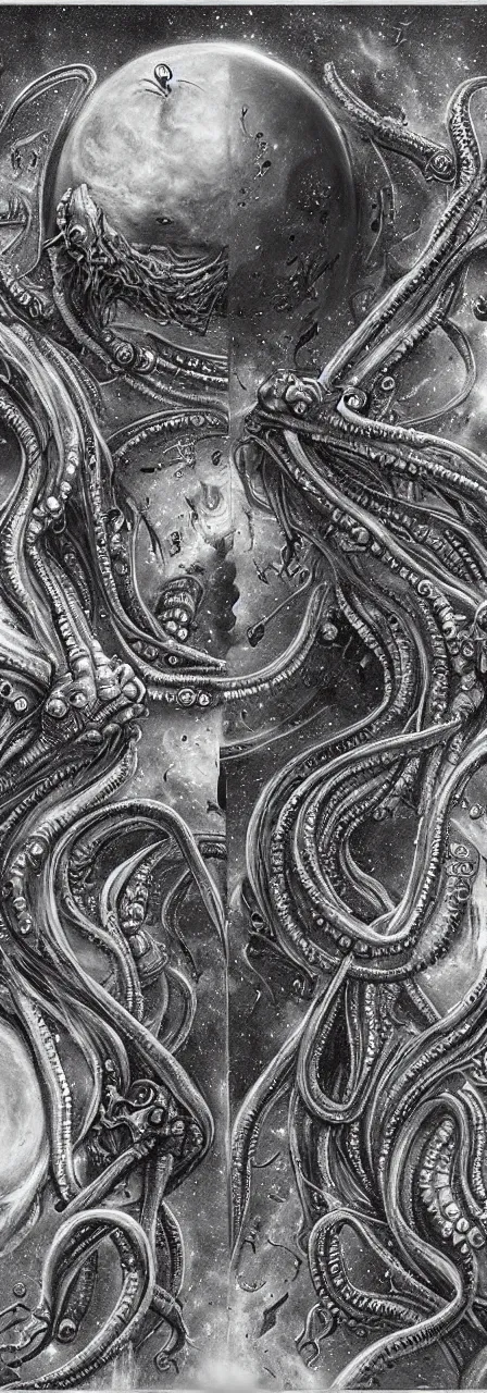 Prompt: 3D Lovecraftian and Astronaut pareidolia, cosmic horror concept, discovery concept, engineered by H.R. Giger, painter by gustave doré