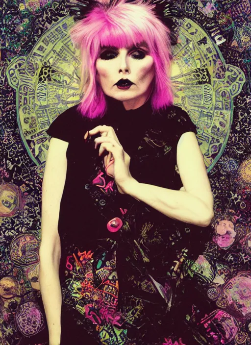 Image similar to cute punk goth fashion fractal young Debbie Harry posing by Zhang Jingna, punk poster art by Hannah Höch Victor Moscoso Dan Mumford Kilian Eng Hannah Jeffrey Smith Rick Griffin Alphonse Mucha Gustav Klimt Ayami Kojima Amano Charlie Bowater, violet and black