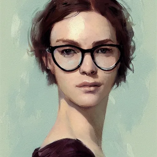 Prompt: Portrait of a beautiful woman wearing glasses, short hair, freckles, by greg rutkowski