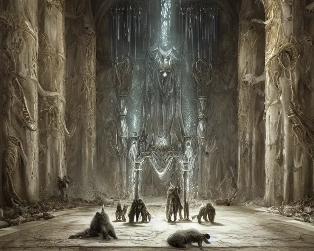 Image similar to king of the wolves - fantasy, inside the king's hall wolves and their treasures, ethereal, ominous, misty, 8 k, by h. r. giger and greg rutkowski