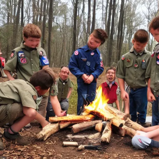 Image similar to puppies dressed as Boy Scouts building a campfire