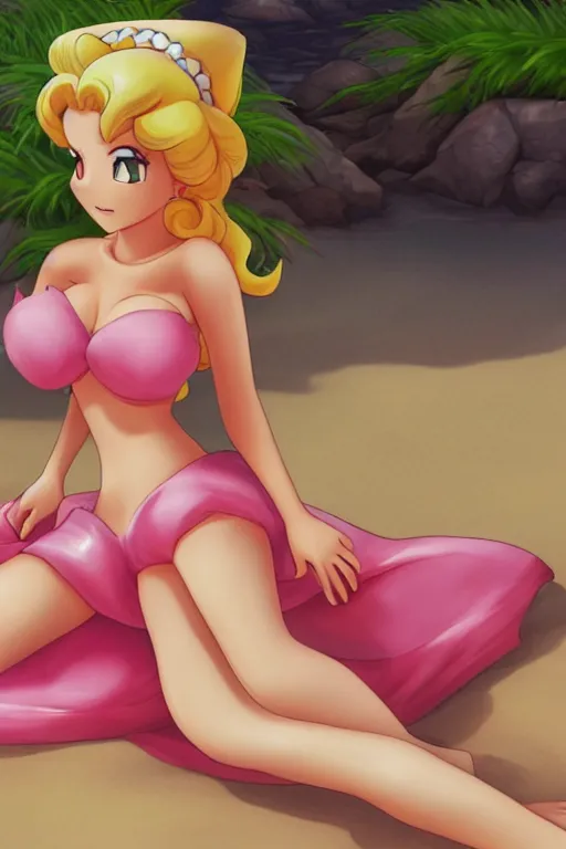 Image similar to princess peach on a beach sunbathing, incredibly highly detailed, crisp details, anime style