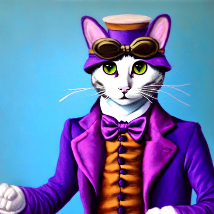 Prompt: an anthropomorphic purple male cat fursona dressed as willy wonka, furry, oil on canvas, soft colors, cute