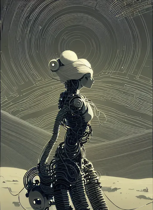 Prompt: highly detailed portrait of a robotic cyborg long curly white hair nomadic tribal lady, stray wiring and tubing by atey ghailan, james gilleard, by joe fenton, by greg rutkowski, by greg tocchini, by kaethe butcher, 4 k resolution, gradient yellow, black and white color scheme!!! ( ( robotic sandstorm robotic pyramid landscape background ) )