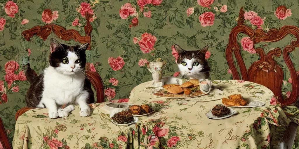 Image similar to portrait of a cat on a chair at a coffee table full of food, flowery wallpaper, beautiful sunny day, 1 8 8 0 s style