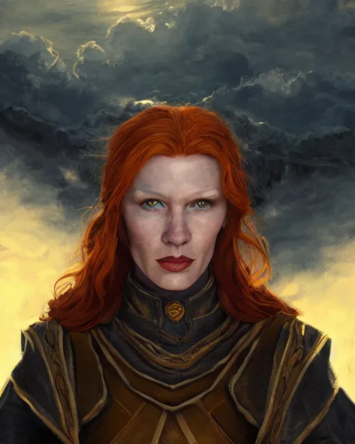 Image similar to the elder scrolls vi, charismatic rugged female redhead breton mage portrait, illustration, rim light, top light, perfectly shaded, golden hour, epic, intricate, soft painting, art by mark kent, jordan lamarre - wan, igor kieryluk, maxim verehin, miranda meeks