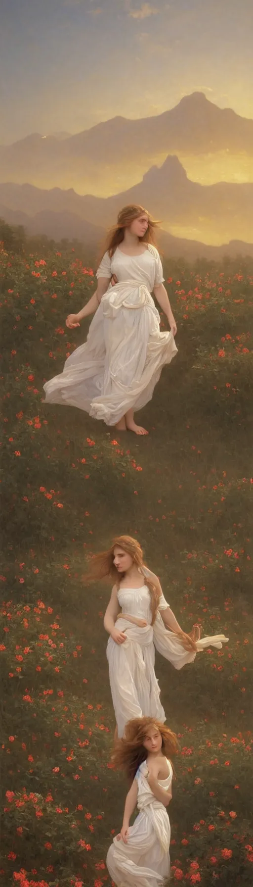 Image similar to oil painting portrait of a young woman with long flowing hair in a white dress, dancing through a field of flowers at sunset with mountains in the background, hazy, chiaroscuro, artstation, cinematic, golden hour, digital art painting by greg rutkowski, william - adolphe bouguereau, hazy atmosphere, flowers, cinematic lighting