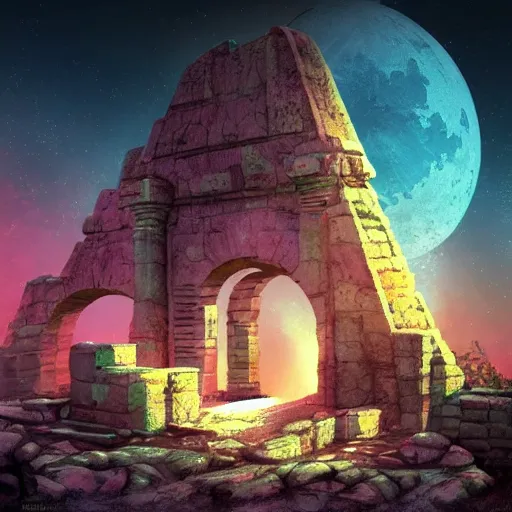 Prompt: ancient ruins in the moon, retrowave epic art, trending on art station