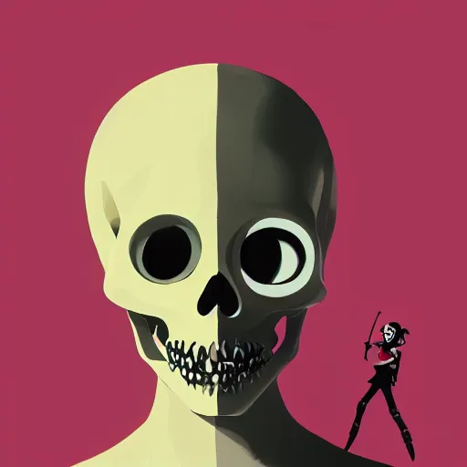 Prompt: a portrait of a girl skull face, in the style of jeff koons, banksy, atey ghailan and mike mignola, vibrant colors and hard shadows and strong rim light, disney, comic cover art, trending on artstation