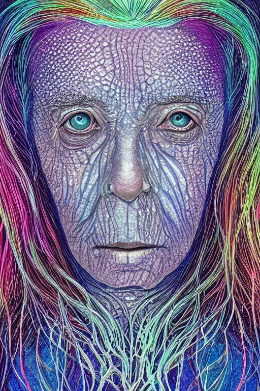 Prompt: dark underwater portrait of one bioluminescent old woman, with cracked reaction diffusion semi - transparent skin. multicolored fish scales, face closeup. long intricate dark hair. good face proportions. with many jellyfishes. very high detail, illustration, by alex grey and ilya kuvshinov