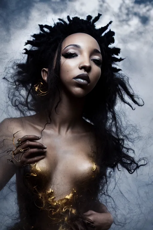 Image similar to photoshoot of tinashe as mysterious dark goddess of death, realism, clouds, swirling energy, torn fabric, elaborate ornate growth, gilded relief, volumetric lighting, light shafts, ambient light, trending on artstation, by alessio albi