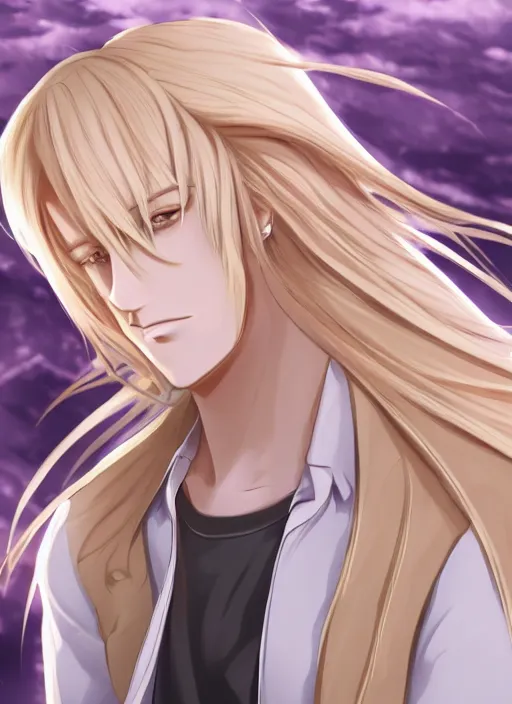 Prompt: portrait of a blond handsome man with long hair, anime inspired, High Res 8K,hyperdetailed