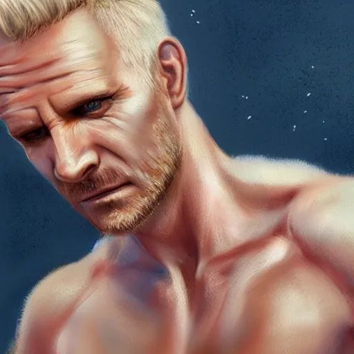 Image similar to very beautiful pastel art of Sting from The Police, full body, spiky blonde hair, blue eyes, full round face, handsome jaw, hairy arms, serene beach setting, cinematic lightning, arms facing the viewer, medium shot, mid-shot, highly detailed, trending on artstation, Unreal Engine 4k, cinematic wallpaper by Stanley Artgerm Lau, WLOP, Rossdraws, James Jean, Andrei Riabovitchev, Marc Simonetti, and Sakimichan-C 9.0