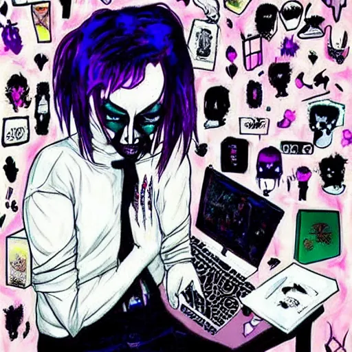 Image similar to goth guy sitting at computer in cluttered room, by harumi hironaka, aesthetic!!!,