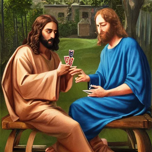 Image similar to Jesus and Satan playing cards in a garden, photorealistic, award winning, 8k, trending on major art outlets,