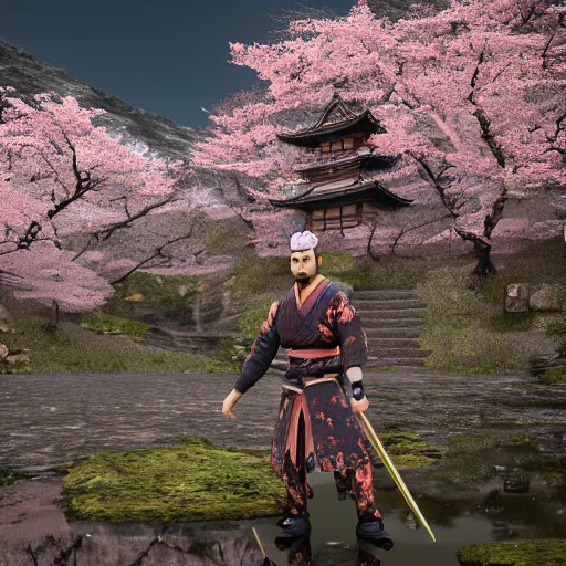 Prompt: highly detailed samurai with katana standing in ruined Japanese village, cherry blossom trees, mountains in background, epic, photorealistic, 8k octane render