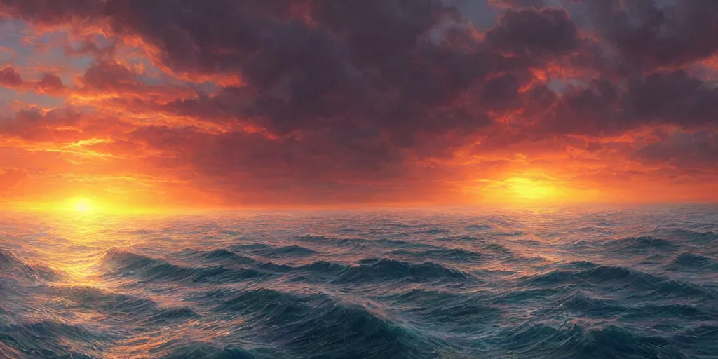 Image similar to a beautiful sunset over the ocean, artstation, cgsociety, detailed, gorgeous painting