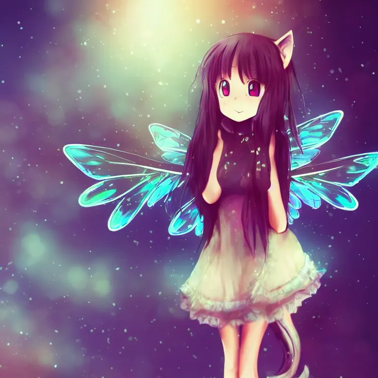 Image similar to cute, full body, female, anime style, a cat girl with fairy wings, large eyes, beautiful lighting, sharp focus, simple background, creative, heart effects, filters applied, illustration