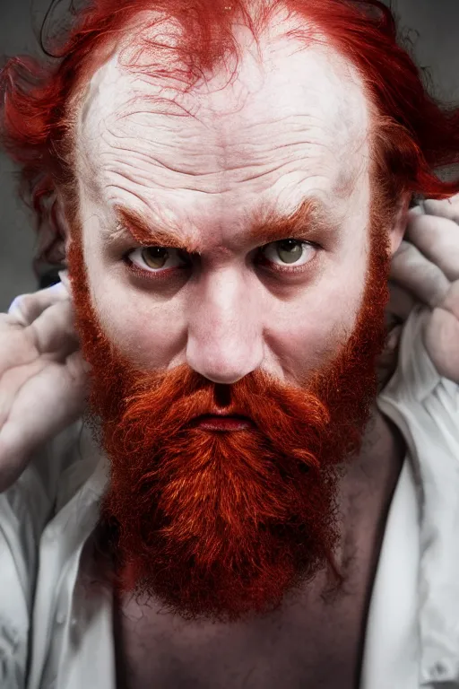 Image similar to a mad scientist with a third eye and wild red hair and beard slightly balding, high resolution film still, 4 k, hdr color