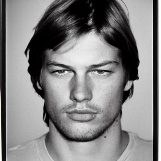 Image similar to Mugshot Portrait of Young David Gilmour, taken in the 1970s, photo taken on a 1970s polaroid camera, grainy, real life, hyperrealistic, ultra realistic, realistic, highly detailed, epic, HD quality, 8k resolution, body and headshot, film still, front facing, front view, headshot and bodyshot, detailed face, very detailed face