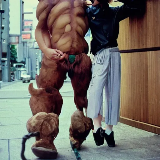 Image similar to realistic photoshoot of friendly minotaurs lookbook in Tokyo 1986, color film photography, portrait of a beautiful monsters in style of Doisneau, 35mm, ektachrome