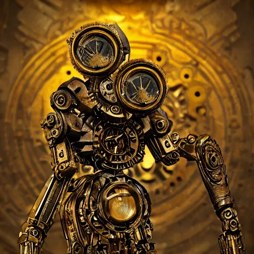 Prompt: brass clockwork statue, gears, pistons, robot, golem, gothic art, popping color, detailed, eerie, emotional, gothic, highly detailed, incredibly sharp focus, Artstation, deviantart, artgem, insane detail, intense color, vibrant cartoon art, award-winning art, super precise detail, golden ratio, in the style of Pixar and Disney