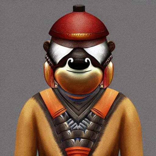 Image similar to graphic, hyperreal illustration of anthropomorphic sloth in traditional samurai armor : : digital art, concept art, character development