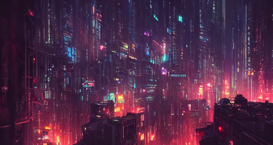 Image similar to panoramic view of a cyberpunk city at night, bokeh lights, anime, ilya kuvshinov, guweiz, greg rutkowski, concept art, digital painting, cinematic, extreme detail, expansive