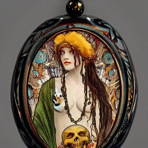 Image similar to Highly detailed ,intricate stunningly beautiful dark human ghost god broken amber in Mucha style with a skull curved ancient runs