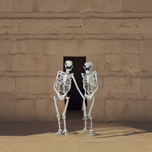Prompt: A portrait of two skeletons locked hugging as their torso emerges from a portal by Beeple
