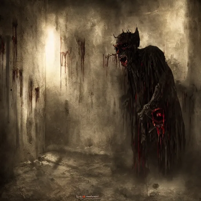 Image similar to gritty horrific demonic vampire lurking in the shadows, corner of the room, while blood flows out from below, sharp focus, 4 k ultra hd, fantasy dark art, apocalyptic art