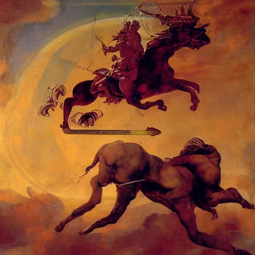 Image similar to Tragic Portrait of Phaethon the Demigod losing control of the chariot chariot that is the sun careening through the zodiac filled stratosphere Ilya Repin Michelangelo Buonarotti Leonardo Da Vinci rodin greg rutkowski james gurney tombow masterpiece fresco quadratura Trompe-lœil