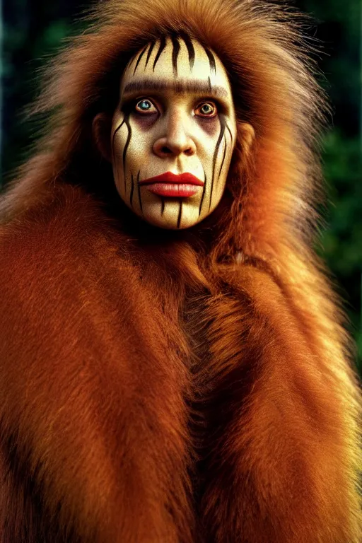 Image similar to a professional portrait photo of a neanderthal woman forest, face paint, ginger hair and fur, extremely high fidelity, natural lighting, national geographic magazine cover, still from the movie quest for fire