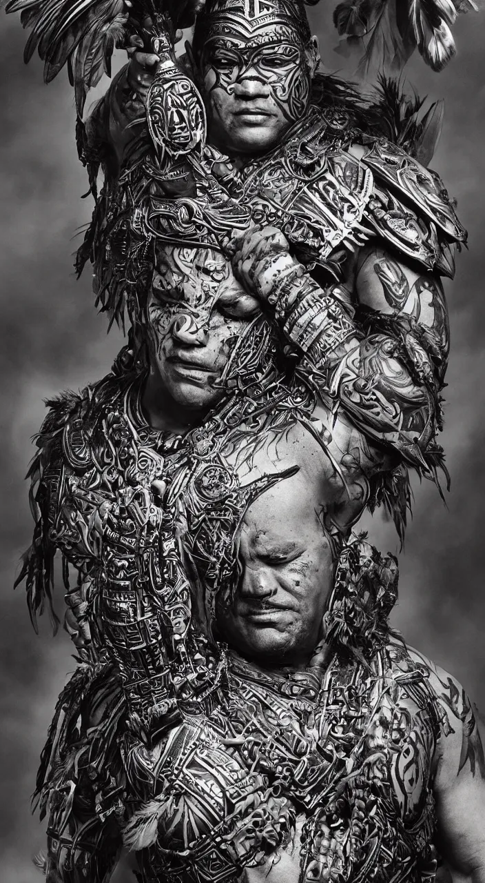 Prompt: editorial full body photo portrait of enormous Maori warrior with a mace and glowing tribal futuristic tattoos on his face, warrior body, feathers and paint, photo by mario testino, cinematic, hyper detailed, micro details, insanely detailed, trending on artstation,dark background, dramatic lighting, cinematic angle, concept art, insanely detailed and intricate