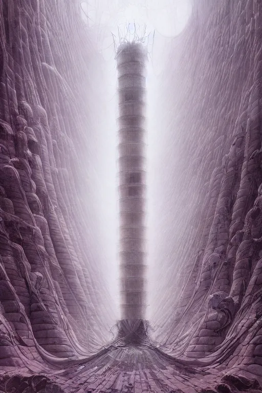Image similar to white panopticon tower, art by James Jean and Wayne Barlowe, high detail, cinematic, cgsociety 8k