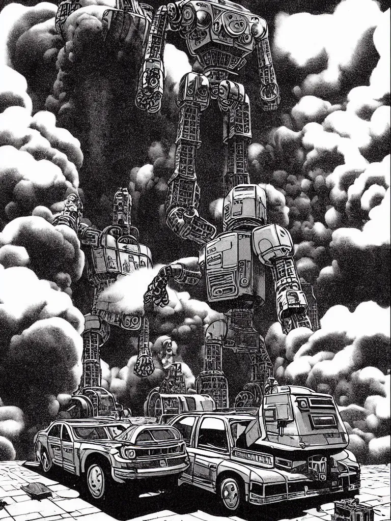 Prompt: an individual Giant classic robot walking down the street desires to eat a massive glazed donut, a building is on fire smoking and a crushed car is under the foot of the giant robot by Richard Corben