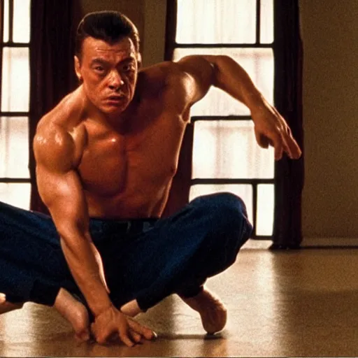 Image similar to cinematic still, young Jean Claude Vandamme doing the splits with a foot placed on separate chairs, dramatic lighting ,award winning, 4K