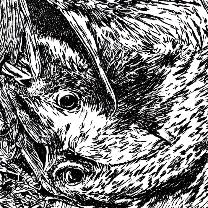 Prompt: close up photo of a bird of prey feeding a rabbit carcass for its offspring in the nest, black and white, grainy, heavy newsprint raster, smudged ink, punk poster