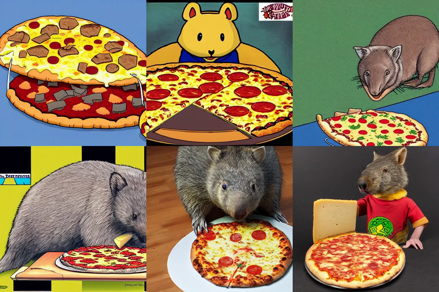 Prompt: wombat with a large cheese pizza by akira toriyama