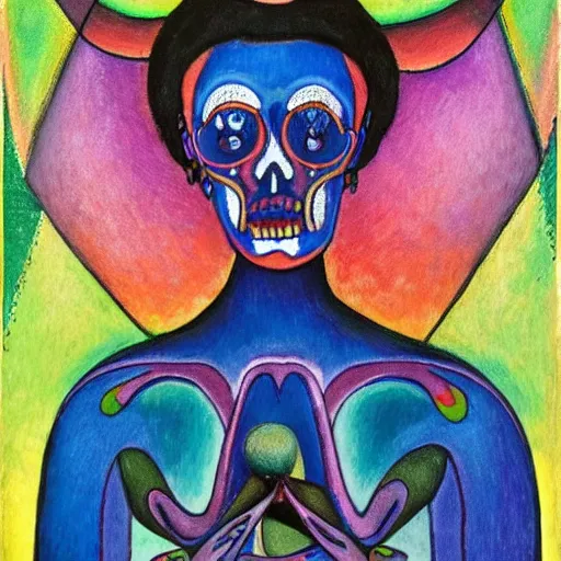 Image similar to In the center of the body art is a large gateway that seems to lead into abyss of darkness. On either side of the gateway are two figures, one a demon-like creature, the other a skeletal figure. holography, in the tundra by Alexej von Jawlensky, by Lisa Frank sinister