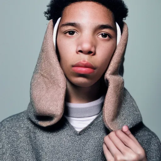 Prompt: realistic photoshooting for a new acne studio lookbook, color film photography, close up, photo of a woman, photo in style of tyler mitchell, 3 5 mm, vetements, balenciaga, commes des garcon