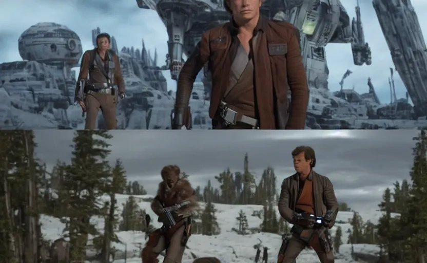 Prompt: still image screenshot portrait of han solo defending wookies on mandalore, from the tv show mandalorian on disney +, scene in front of a strange building, moody mining planet, kashyyyk, anamorphic lens