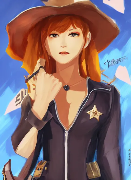 Image similar to full size persona, female sheriff, detail, ultra sharpness, beautiful female, detailed face, art by huyy nguyen, style by cain kuga, cowboy bebop art style, 3 2 beautiful color palettes with their corresponding gradient