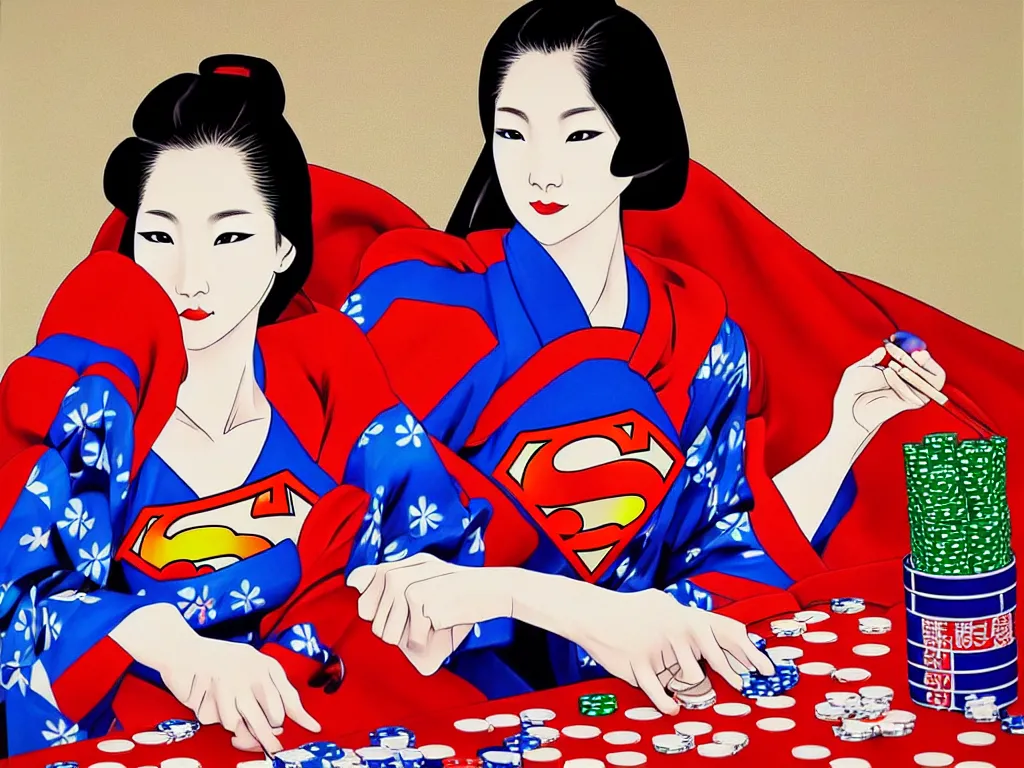 Prompt: hyperrealism composition of the detailed woman in a japanese kimono sitting at a poker table with superman, fireworks on the background, pop - art style, jacky tsai style, acrylic on canvas