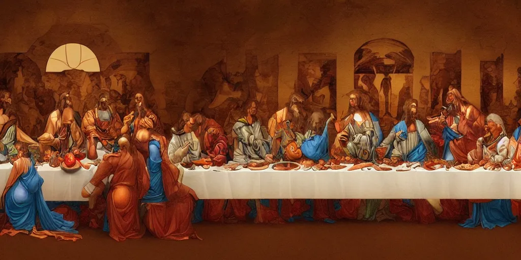 Prompt: the last supper of robots as apostles in leonardo da vinchi style. digital art, artstation, concept art, smooth, sharp focus, illustration, art by sorayama